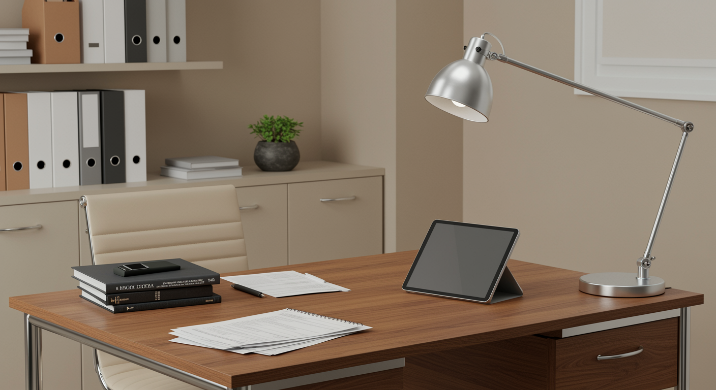 modern tax preparation office with a clean desk, financial documents, and digital tablet for professional tax services
